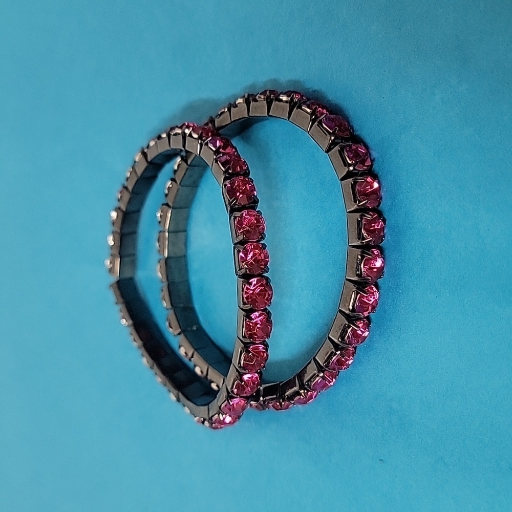 2 Pink Fuschia Gemstone Y2K Elastic Stretch Bracelets